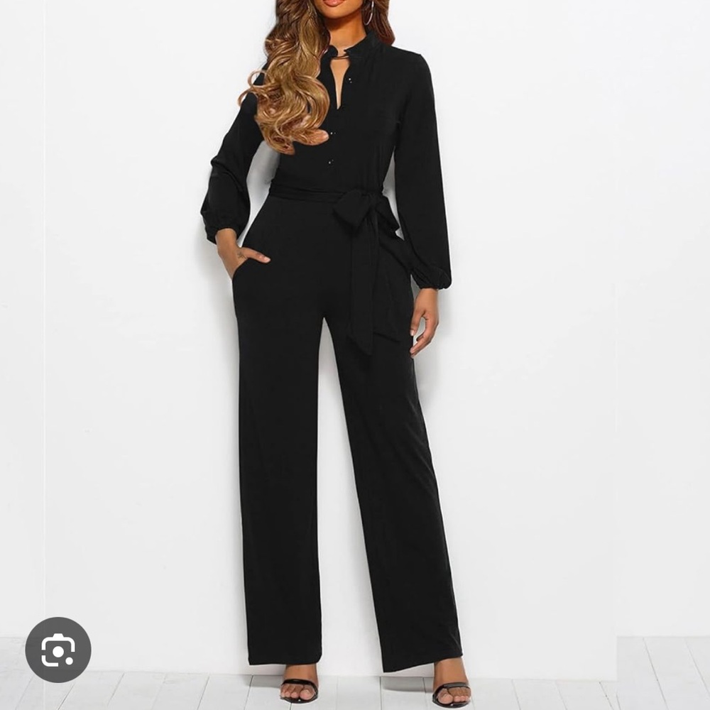 Pretty Garden Womens Long Sleeve Collar Belted Zipper Back WIDE LEG Jumpsuit